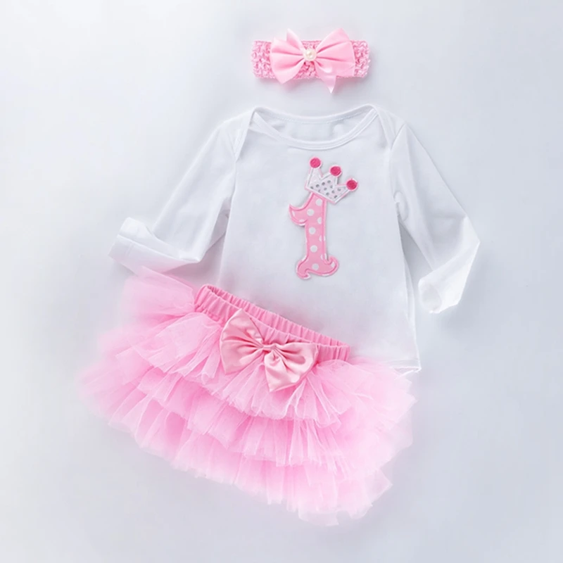 

3pcs The first birthday Baby Girl Clothing Sets Romper Girls Pettiskirt Set Princess Tutu Skirt Headband Newborn Bodysuit