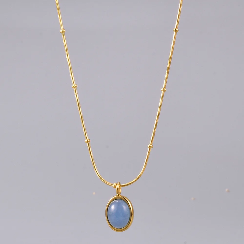 

Blue Oval Aquamarine Pendant Necklace For Women Gold Stainless Steel Bead Chain Necklace 18K Snake Bone Chain Neck Jewelry Gift