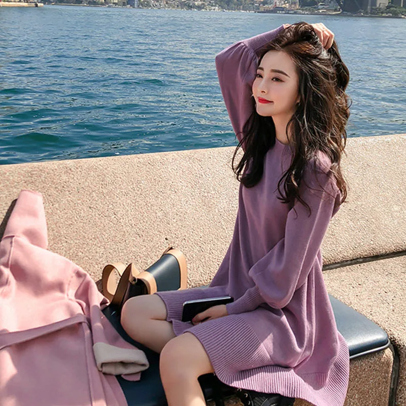 One Piece Elegant Woman Sweater Dress Vintage O Neck Lantern Sleeve Knitted Mini Dress Women Purple Beige Knit Mermaid Dresses 
One Piece Elegant Woman Sweater Dress Vintage O Neck Lantern Sleeve Knitted Mini Dress Women Purple Beige Knit Mermaid Dresses