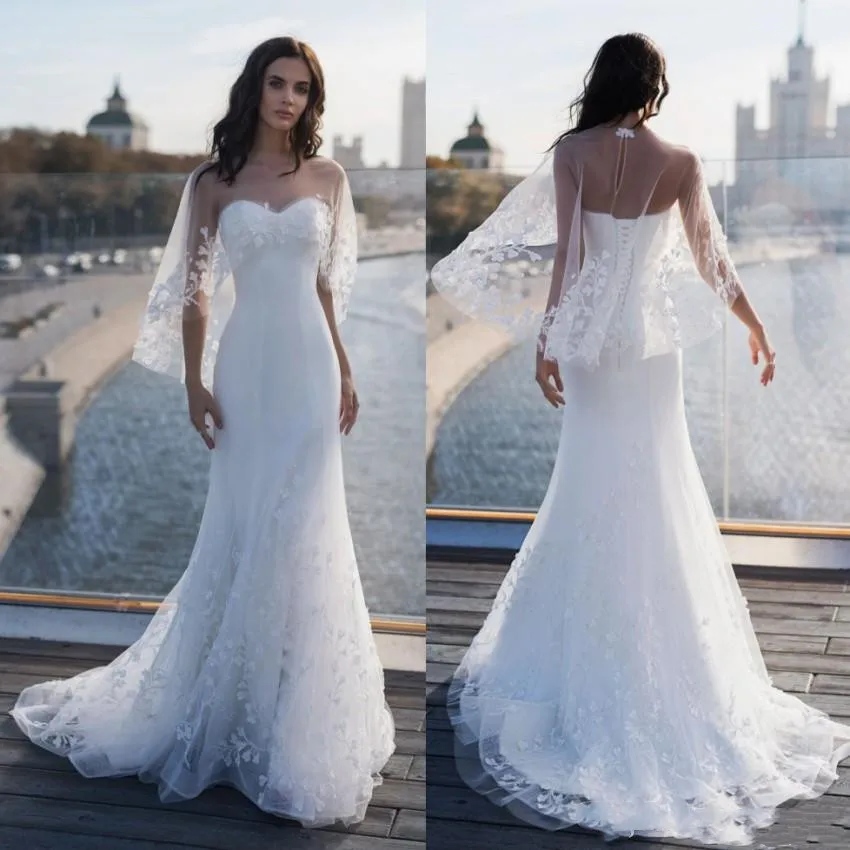 Mermaid Lace Appliqued Wedding Dresses With Wrap Sweetheart Neck Beaded Bridal Gowns Corset Back Sweep Train Tulle robes
Mermaid Lace Appliqued Wedding Dresses With Wrap Sweetheart Neck Beaded Bridal Gowns Corset Back Sweep Train Tulle robes
