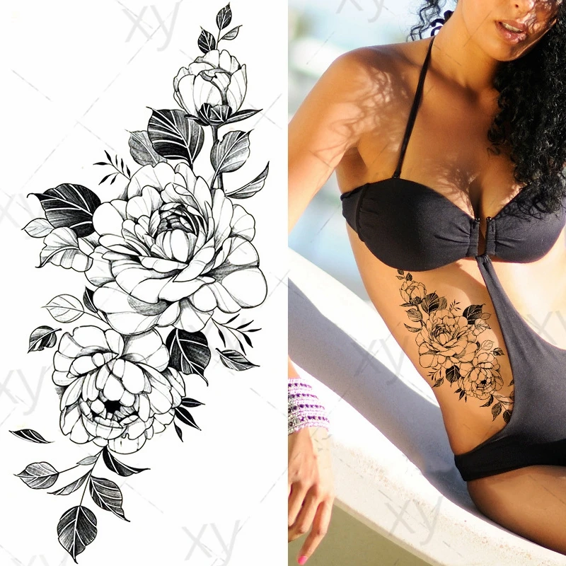 Черные Цветочные Временные татуировки на талию наклейки для женщин и девушек