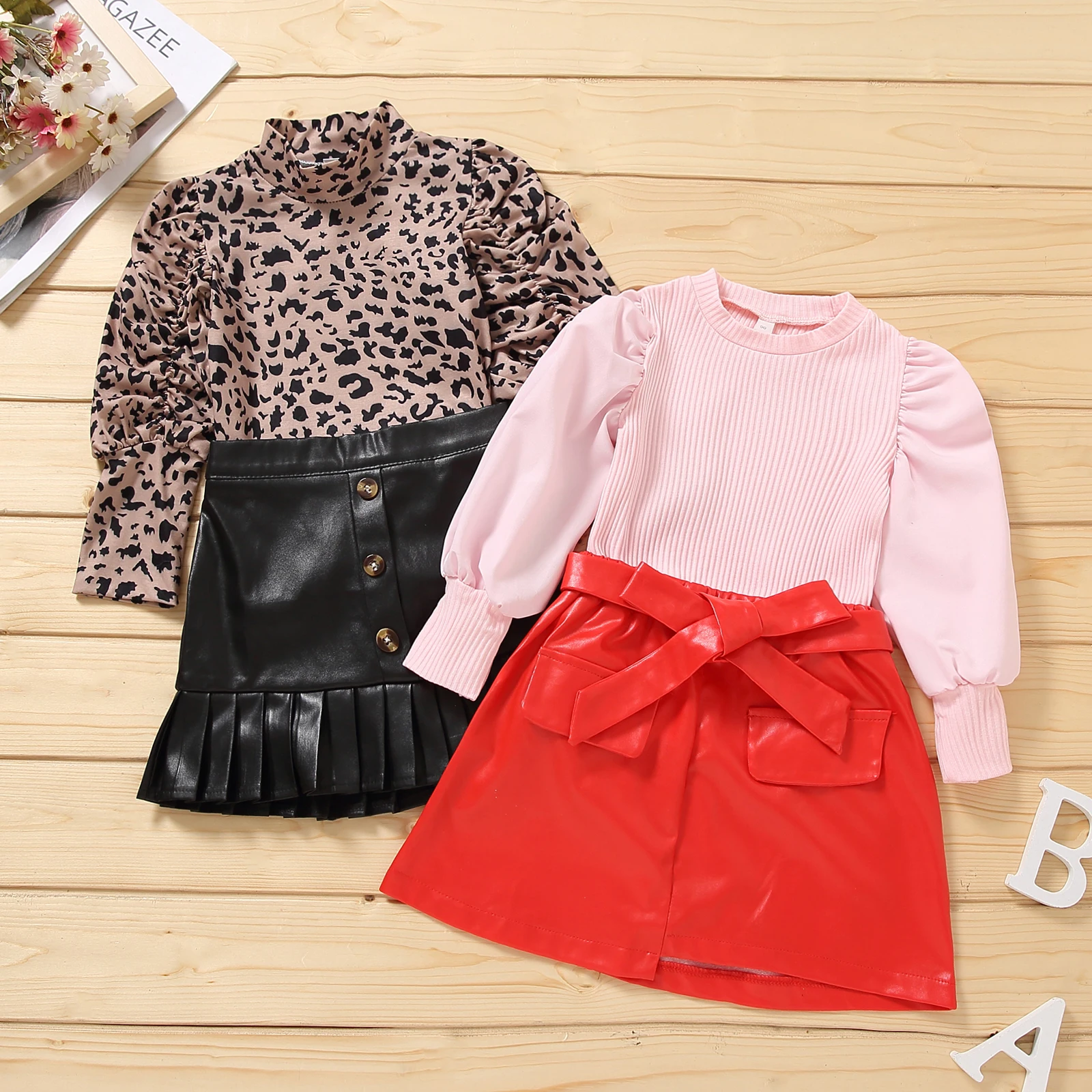 Girls Casual Two-piece Clothes Set, Solid Color/ Leopard Printed Pattern Pullover and Leather Skirt, Pink/ Black
Girls Casual Two-piece Clothes Set, Solid Color/ Leopard Printed Pattern Pullover and Leather Skirt, Pink/ Black