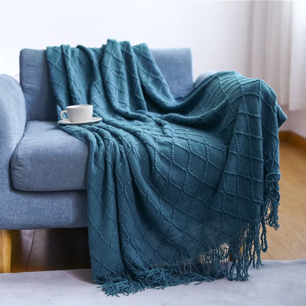 

Textile City Cashmere-Like Knitted Sofa Throw Blanket Nordic Style Solid Plaid Tassel Bedspread for Hotel Fall Interior Decorate