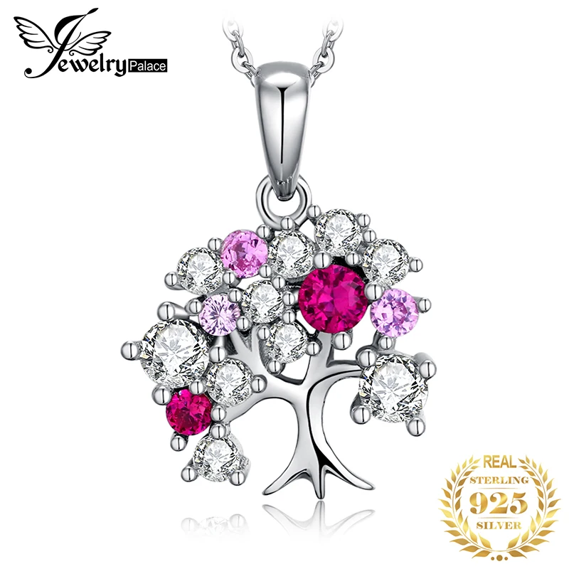 

JewelryPalace Life Tree Created Ruby 925 Sterling Silver Pendant Necklace for Women Statement Gemstone Jewelry Choker No Chain