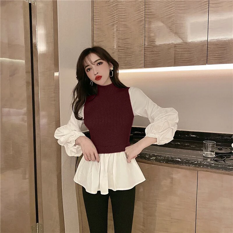 Cotday Long Sleeve Slim Knitted Half Turtleneck Korean Blouse Puff Autumn Show Thin Patchwork Ruffles Loose Fake Two Piece Tops
Cotday Long Sleeve Slim Knitted Half Turtleneck Korean Blouse Puff Autumn Show Thin Patchwork Ruffles Loose Fake Two Piece Tops