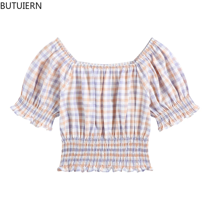 Plaid Crop Blouses Or Tops For Ladies Square Collar Elastic Shirts Female Fashion Short Sleev Sweet Rok Elegant Ins Blusas Tops
Plaid Crop Blouses Or Tops For Ladies Square Collar Elastic Shirts Female Fashion Short Sleev Sweet Rok Elegant Ins Blusas Tops