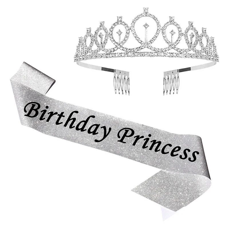 Silver Glitter Birthday Princess Crown Sash Set Rhinestone Tiara Crystal 21 Birthday Queen Satin Ribbon Sashes Girl Party Decor
Silver Glitter Birthday Princess Crown Sash Set Rhinestone Tiara Crystal 21 Birthday Queen Satin Ribbon Sashes Girl Party Decor