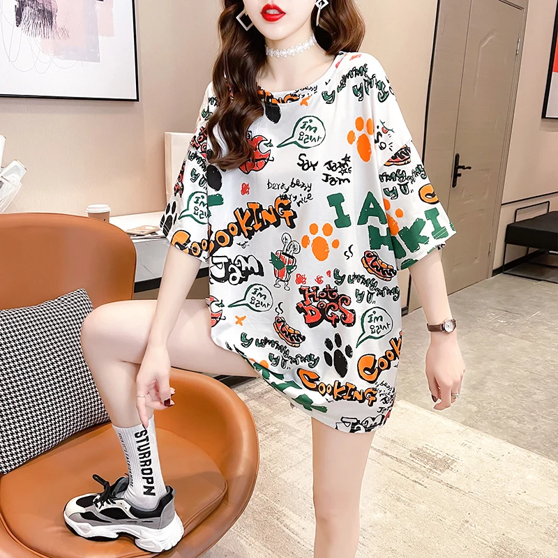 Printed Short-sleeved T-shirt Women 2021summer New Mid-length Korean Version Loose Large Size European Goods Trendy Tops Fashion
Printed Short-sleeved T-shirt Women 2021summer New Mid-length Korean Version Loose Large Size European Goods Trendy Tops Fashion