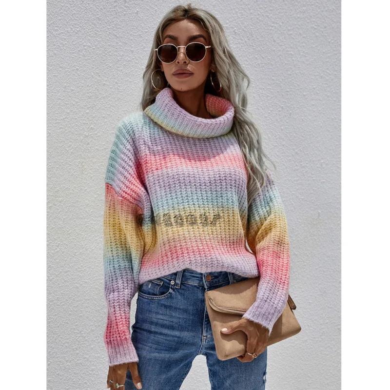 2021 Autumn Winter Rainbow Sweater Women Temperament Casual Striped Knitting High Neck Pullover Turtleneck Knitwear Tops Ins
2021 Autumn Winter Rainbow Sweater Women Temperament Casual Striped Knitting High Neck Pullover Turtleneck Knitwear Tops Ins