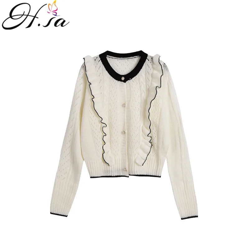 

H.SA Autumn Fashion Sweater Cardigans Round neck Ruffles White Knit Jumpers Long Sleeve Vintage Chic Hollow Out Knit Cardigans