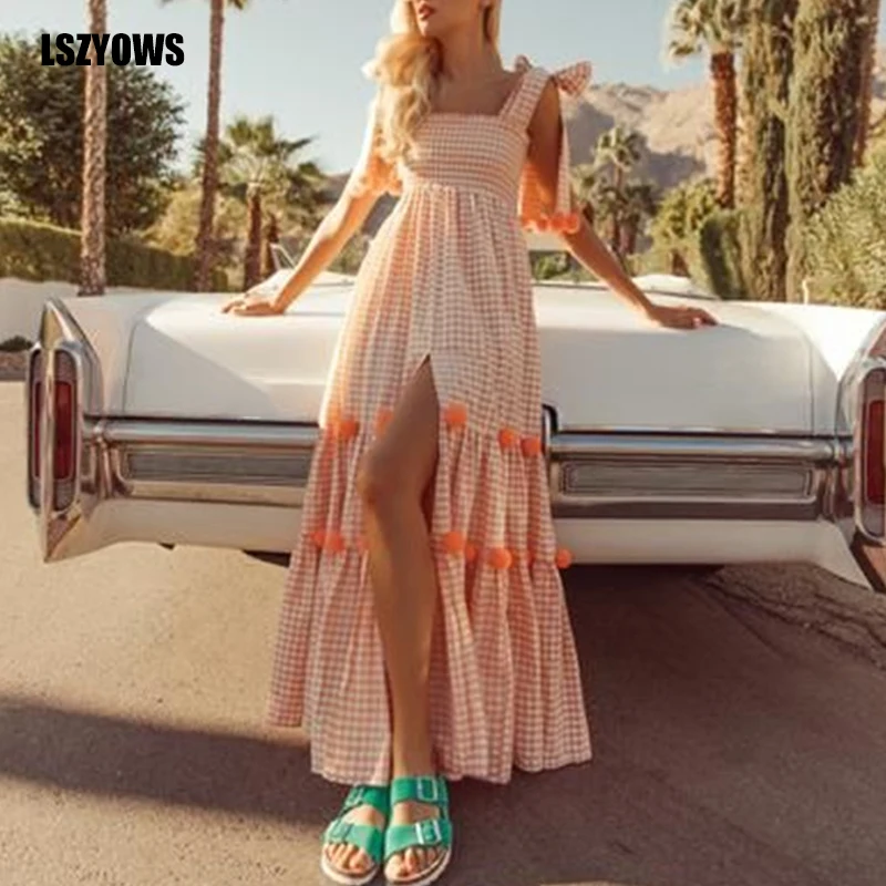 Womens Vintage Plaid Dresses Summer Strapless Spaghetti Strap Slit Long Maxi Dress Casual Bohemian Vacation Beach Dress Vestidos
Womens Vintage Plaid Dresses Summer Strapless Spaghetti Strap Slit Long Maxi Dress Casual Bohemian Vacation Beach Dress Vestidos