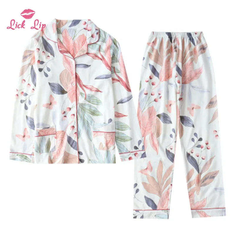 Lick Lip Broad Leaf Knitted Pajamas Set Women Long Sleeve Cotton Sleepwear Lapel Printing Pajama Female Homewear WX0004-20
Lick Lip Broad Leaf Knitted Pajamas Set Women Long Sleeve Cotton Sleepwear Lapel Printing Pajama Female Homewear WX0004-20