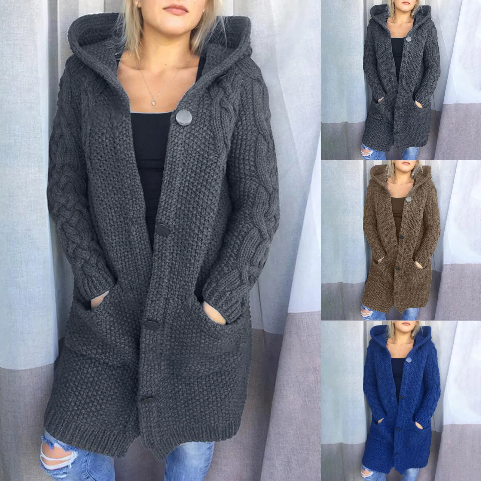 Women'S Solid Color Button Cardigan Long Sleeve Knit Sweater Warm Hooded Outwear Coat With Pockets
Women'S Solid Color Button Cardigan Long Sleeve Knit Sweater Warm Hooded Outwear Coat With Pockets