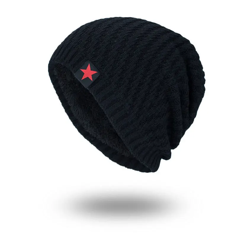 

Winter Knitted Hat Men Beanie Casquette Velvet Thick Warm Skullies Cap Solid Color Red Pentagram Beanies Hats Casual Male Caps