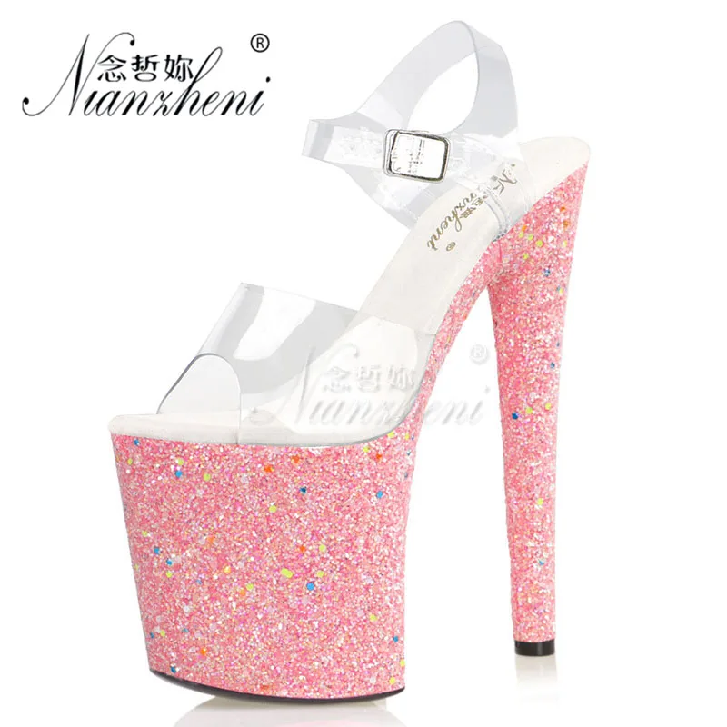

New style Luminous Bling Platform Clear Shallow Small Size Women Sandals 20CM Super High heeled shoes 8 inch Novelty Sexy Fetish