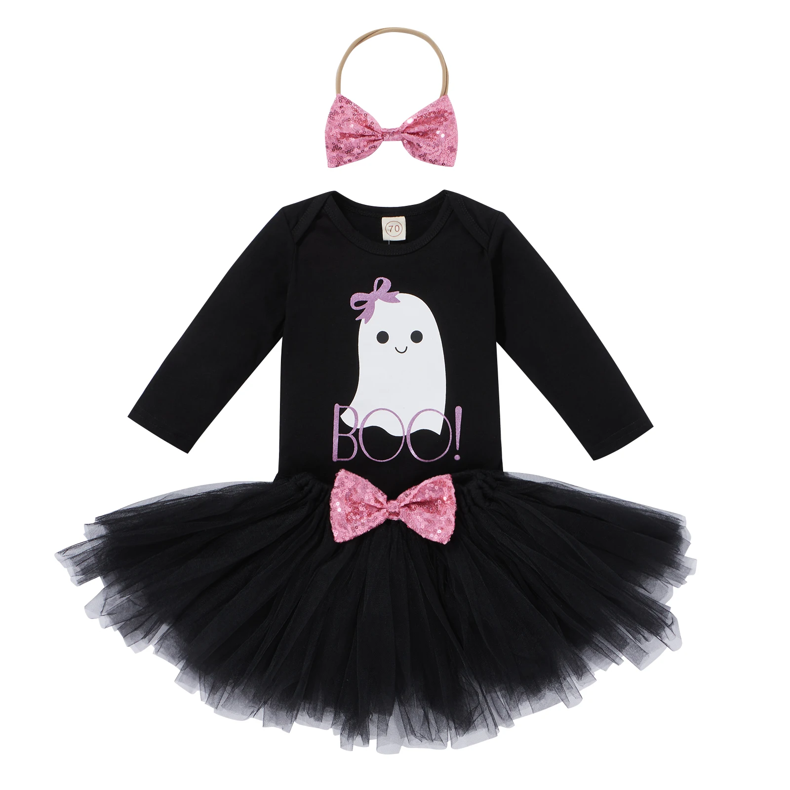 3 Pcs Baby Girls Halloween Outfits Cartoon & Letter Print Long Sleeve Romper Tulle Skirt with Sequined Bowknot Headband
3 Pcs Baby Girls Halloween Outfits Cartoon & Letter Print Long Sleeve Romper Tulle Skirt with Sequined Bowknot Headband