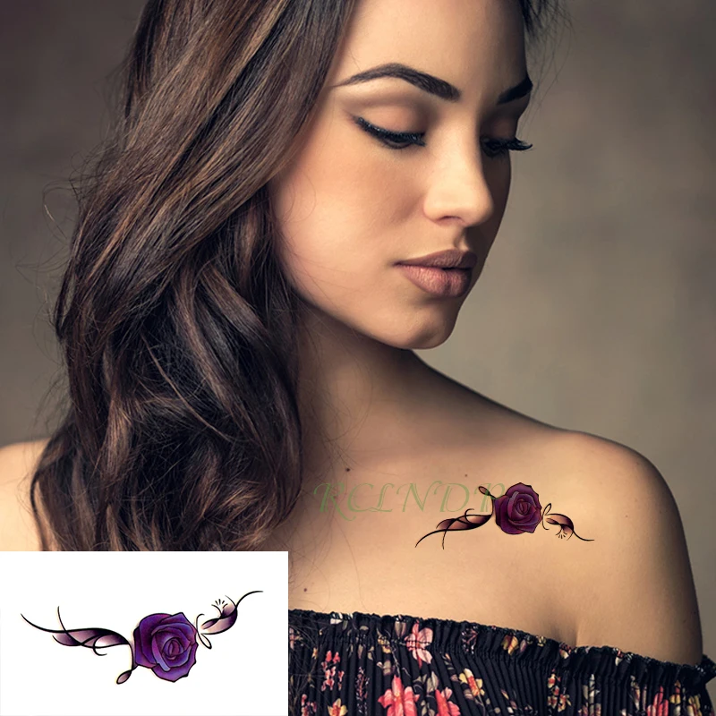 Waterproof Temporary Tattoo sticker purple rose flower leaf plant small tatto flash tatoo fake tattoos for girl women kid | Красота и