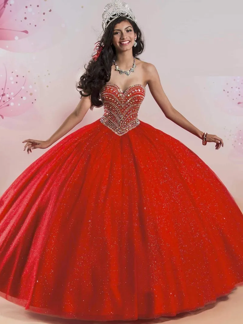 

Red Cheap Quinceanera Dresses Ball Gown Sweetheart Tulle Beaded Puffy Sweet 16 Dresses