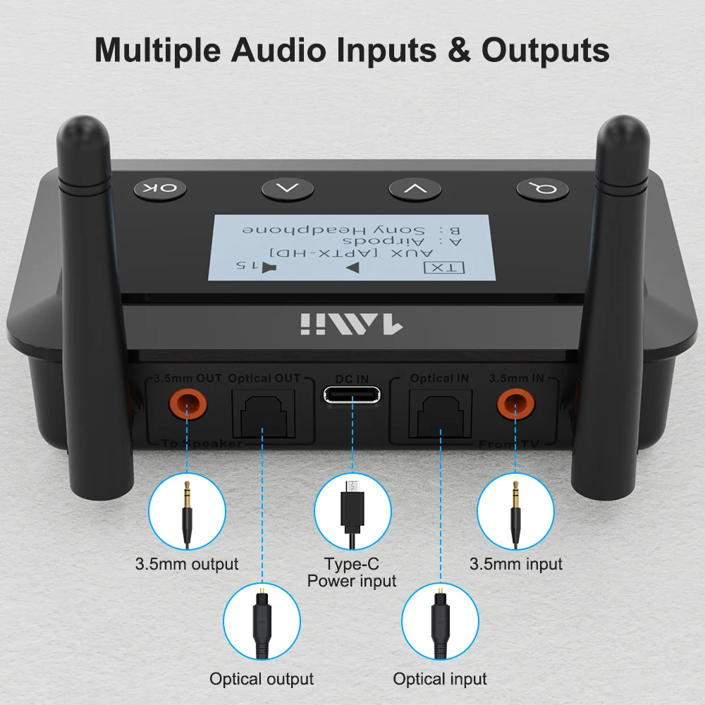 1Mii B03+ Bluetooth Transmitter Receiver aptX LL HD 3.5mm Aux Audio 5.0 Adapter for TV PC Headphone with LCD Screen | Электроника