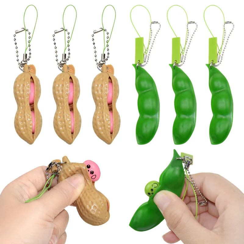 

10Pcs Small Squishy Keychain Unlimited Pinch Peanut Meat Soybean Squeeze Decompress Relieve Boredom and Vent Stress Fidget Toys