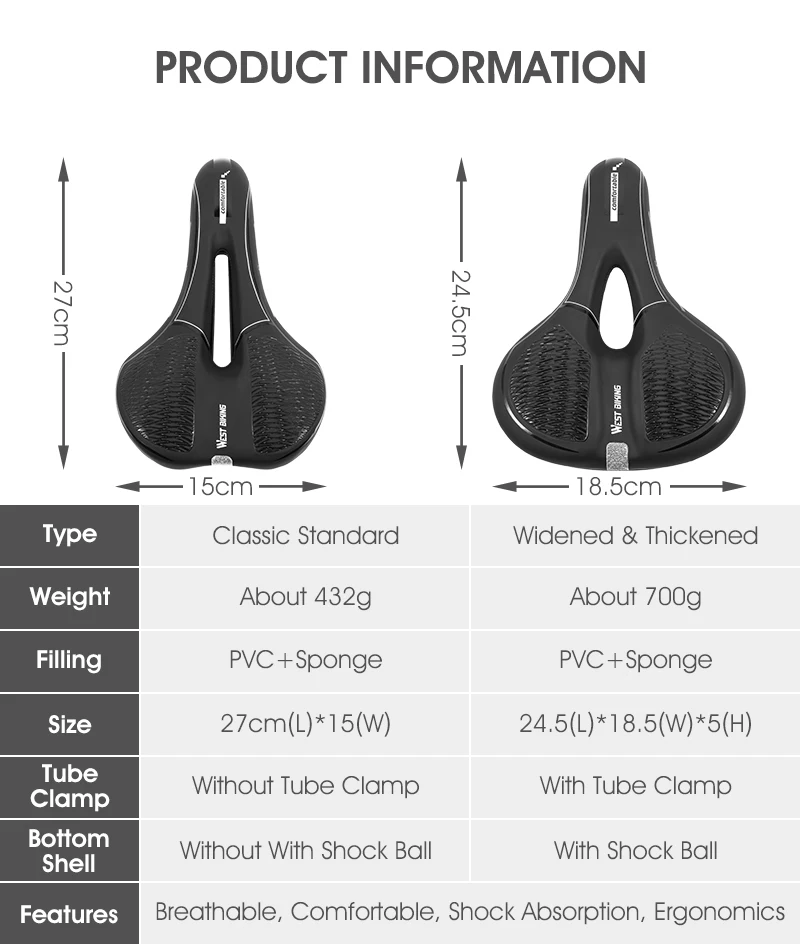 WEST BIKING Bike Saddle Silicone Cushion PU Leather Surface Silica Filled Gel Comfortable Cycling Seat Shockproof Bicycle Saddle
WEST BIKING Bike Saddle Silicone Cushion PU Leather Surface Silica Filled Gel Comfortable Cycling Seat Shockproof Bicycle Saddle