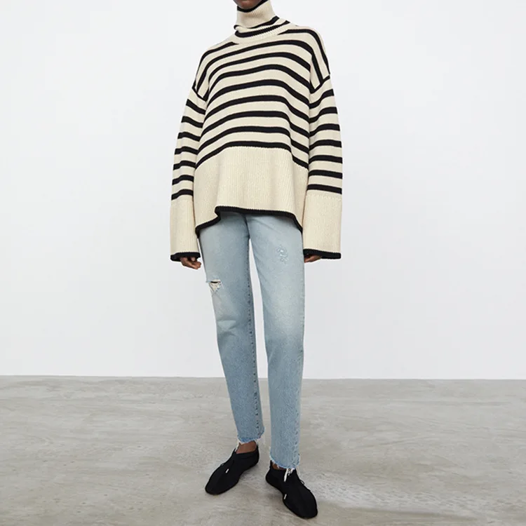 Women Sweater 2021 New High Neck Wide Sleeve Striped Sweater Wool Stitching Loose Thick Knit Pullover Top
Women Sweater 2021 New High Neck Wide Sleeve Striped Sweater Wool Stitching Loose Thick Knit Pullover Top