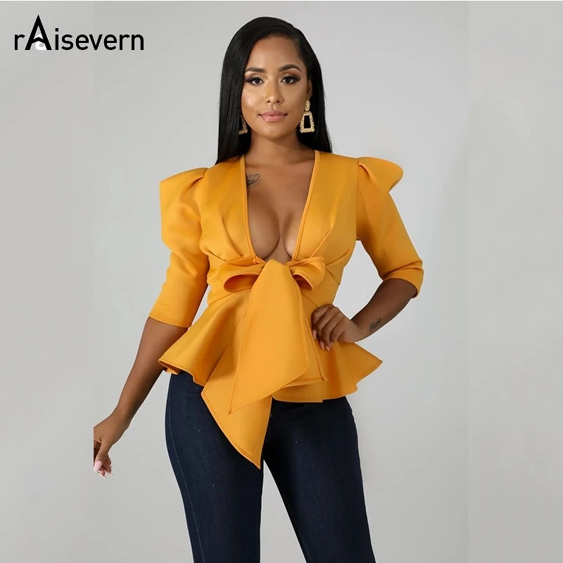 Raisevern Sexy Three Quarter Shirts Deep V Irregular Bow Solid Color Fashion Elegant Women Clothing 2019 New Tops 
Raisevern Sexy Three Quarter Shirts Deep V Irregular Bow Solid Color Fashion Elegant Women Clothing 2019 New Tops