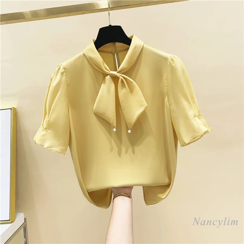 Bow Tie Lace-up Pullover Beaded Chiffon Blouse Short Sleeve Loose Shirt Female 2021 Summer Clothing New All-match Top
Bow Tie Lace-up Pullover Beaded Chiffon Blouse Short Sleeve Loose Shirt Female 2021 Summer Clothing New All-match Top