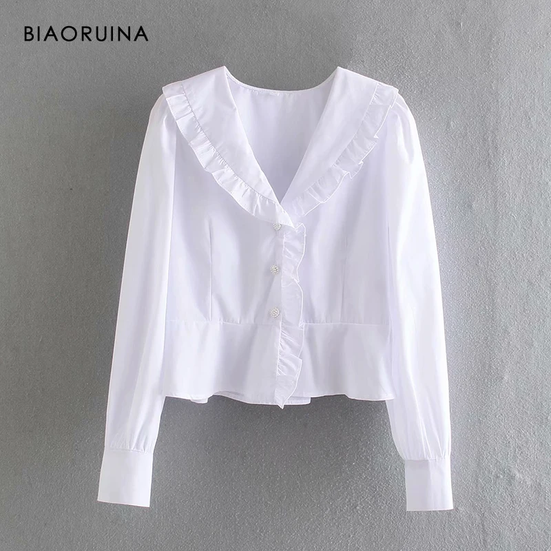 BIAORUINA Women's White Single Breasted Ruffled V-neck Sweet Shirt Beadings Decoration Female All-match Slim Fashion Blouse
BIAORUINA Women's White Single Breasted Ruffled V-neck Sweet Shirt Beadings Decoration Female All-match Slim Fashion Blouse