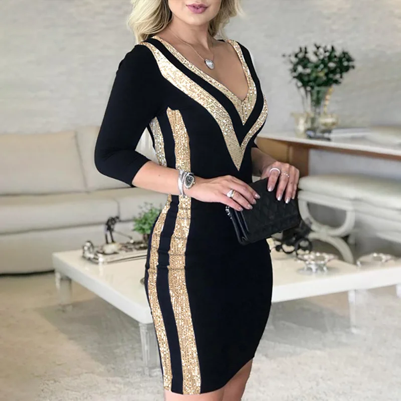 Sequined Contrast Color Women's Dress Striped V-Neck Leopard Print Three Quarter Sleeve Sheath Sexy Party Lady Dresses New Year
Sequined Contrast Color Women's Dress Striped V-Neck Leopard Print Three Quarter Sleeve Sheath Sexy Party Lady Dresses New Year