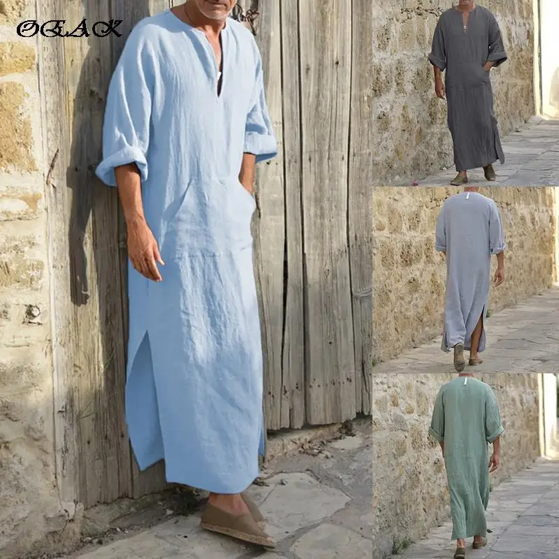 OEAK Deep V Neck Solid Middle Robes Islamic 2021 New Cotton Linen Loose Saudi Arab Robe Muslim Dubai Men Long Shirt Male 
OEAK Deep V Neck Solid Middle Robes Islamic 2021 New Cotton Linen Loose Saudi Arab Robe Muslim Dubai Men Long Shirt Male