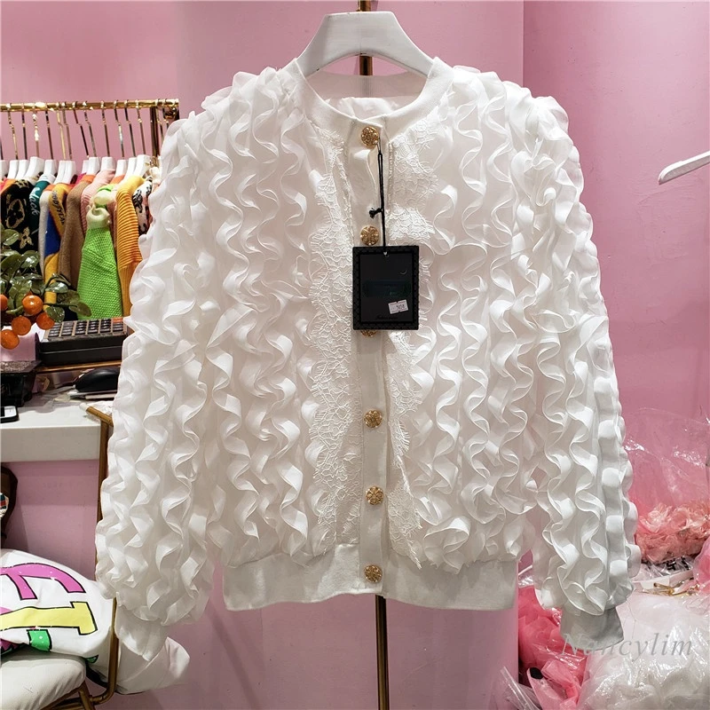 Three-Dimensional Flower Burrs Ruffles Lace Short Lace Jacket for Women Single-breasted O Neck Long Sleeve Coat Lacy Chic Top
Three-Dimensional Flower Burrs Ruffles Lace Short Lace Jacket for Women Single-breasted O Neck Long Sleeve Coat Lacy Chic Top