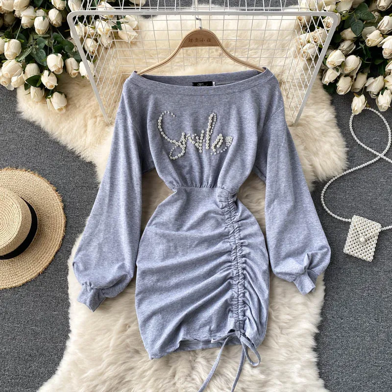 Women Elegant Long Lantern Sleeve Dress Casual Ruched Slash Neck Letter Pearl Beading Party Mini Dress 2021 Autumn Female New
Women Elegant Long Lantern Sleeve Dress Casual Ruched Slash Neck Letter Pearl Beading Party Mini Dress 2021 Autumn Female New