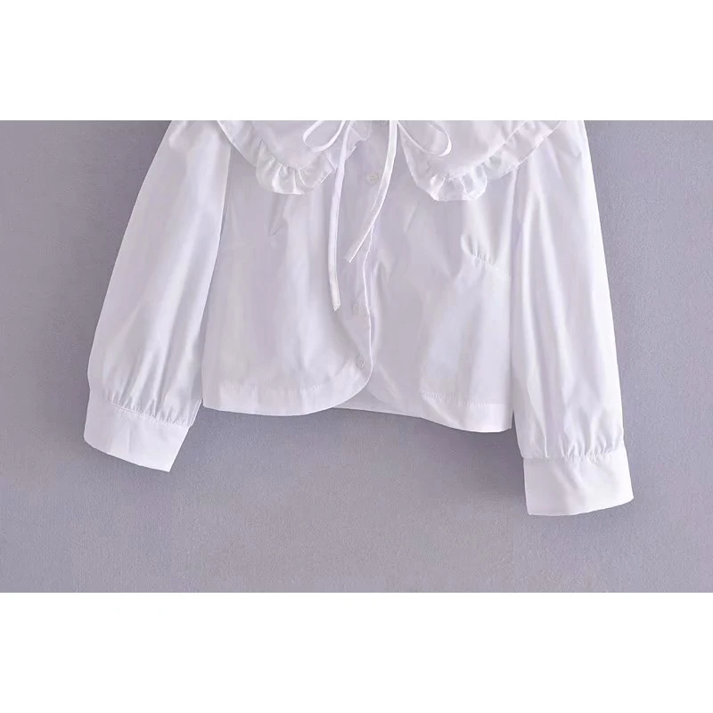 2021 Summer Women Bow Doll Collar Ruffle Trims Cropped White Blouse Za Vintage Nine Points Sleeve Female Casual Elegant Shirt
2021 Summer Women Bow Doll Collar Ruffle Trims Cropped White Blouse Za Vintage Nine Points Sleeve Female Casual Elegant Shirt