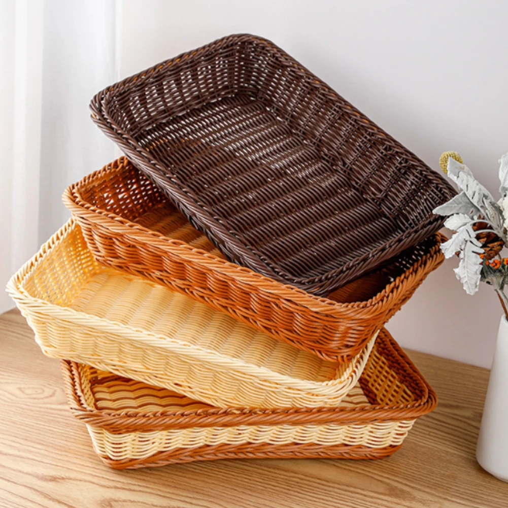 

Storage Basket Rectangular Plastic Rattan Tabletop Serving Tray Basket Organizer Box for Fruit Snack Picnic Kitchen Supplies