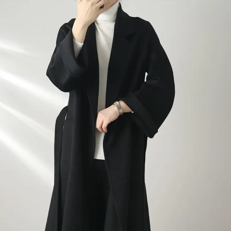 Женское длинное кашемировое пальто с поясом двустороннее свободное ручной