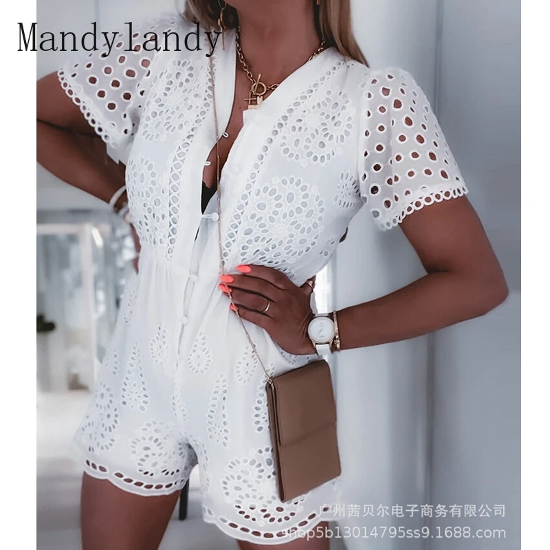 

Комбинезоны Mandylandy женские с коротким рукавом, белый ажурный узор, облегающие слитные шорты, комбинезоны с завышенной талией