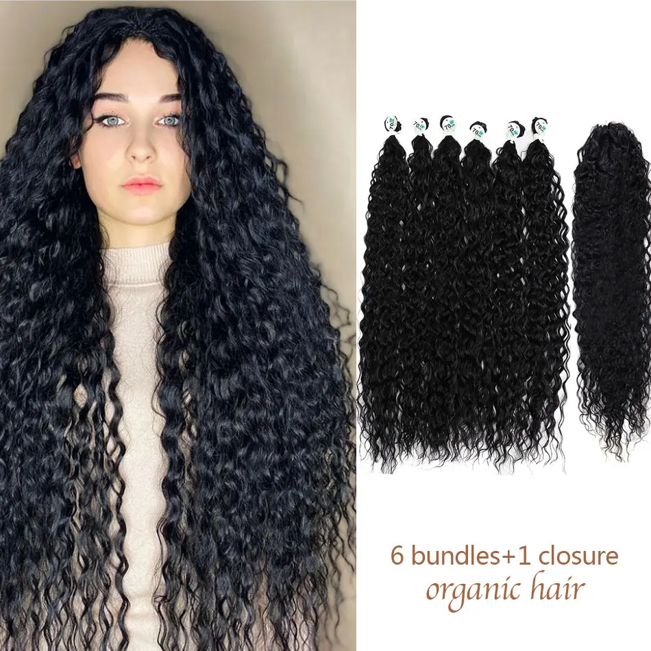 

Synthetic Deep Wave Hair Bundles With Closure 7Pcs/Set Full Head 28inch 70cm Long Ombre Blonde Extensions High Temperature Fiber