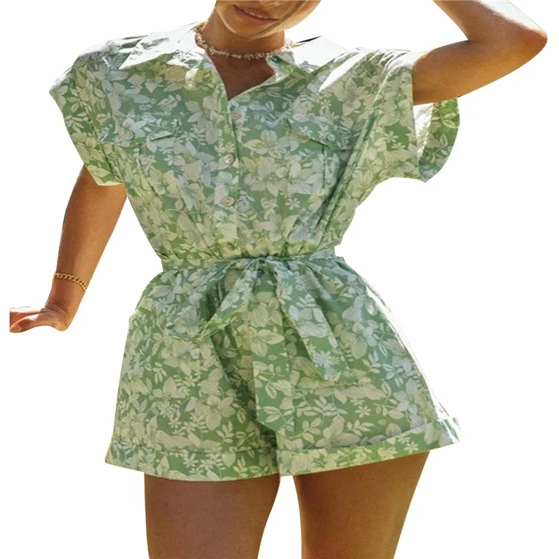 Ladies Floral Printed Pattern Overalls Women Green Short Sleeve Turn-down Collar Playsuit Summer Slim Romper Streetwear
Ladies Floral Printed Pattern Overalls Women Green Short Sleeve Turn-down Collar Playsuit Summer Slim Romper Streetwear