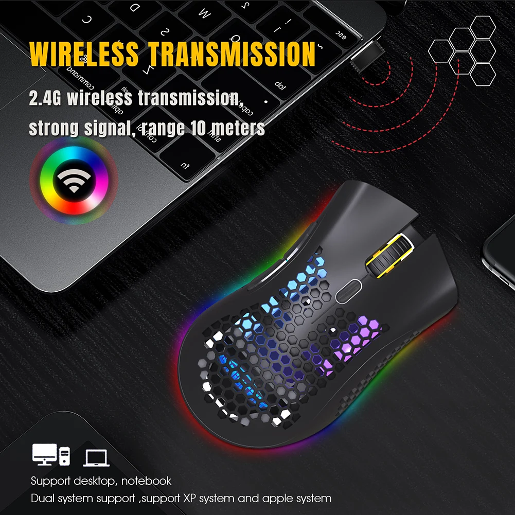 Rechargeable Wireless Mouse 2.4GHz USB Gaming Mouse RGB Backlight Mouse 7 Buttons Lightweight Hollow Optical Mice for laptop PC
Rechargeable Wireless Mouse 2.4GHz USB Gaming Mouse RGB Backlight Mouse 7 Buttons Lightweight Hollow Optical Mice for laptop PC