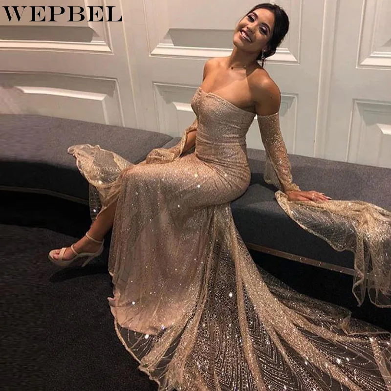 WEPBEL Dress Women's Solid Color Mesh See-through Slim-Fit Dress Autumn Long Sleeve Sequined Backless Strapless Slit Dress
WEPBEL Dress Women's Solid Color Mesh See-through Slim-Fit Dress Autumn Long Sleeve Sequined Backless Strapless Slit Dress