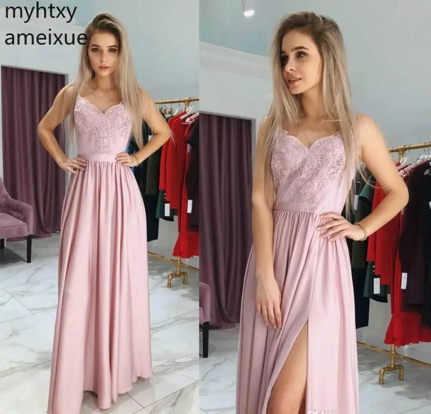 Женское длинное вечернее платье розовое ТРАПЕЦИЕВИДНОЕ кружевное с разрезом и