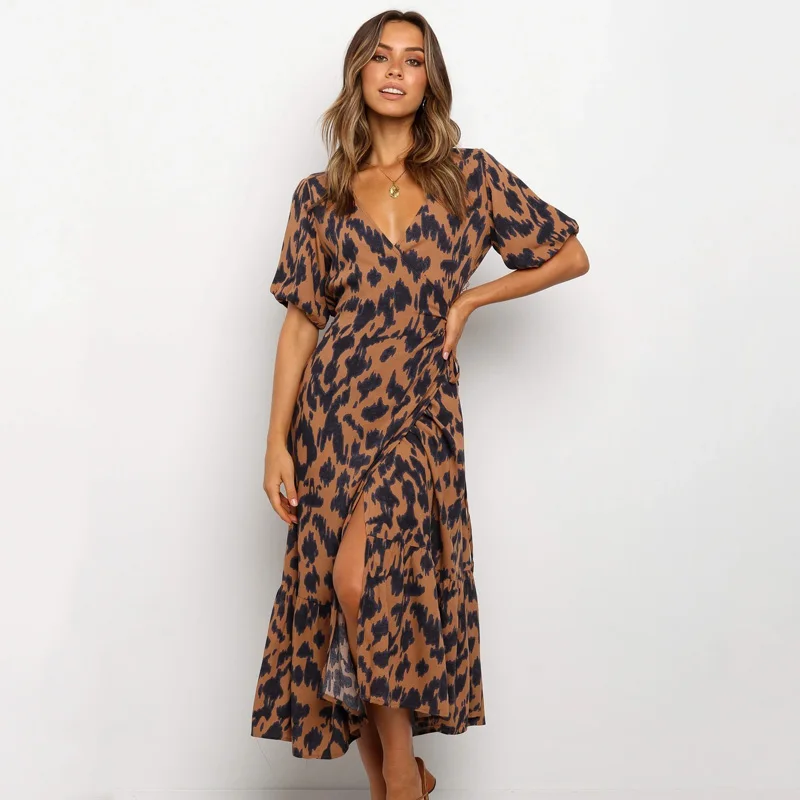 Fashion V Neck Lantern Sleeve Holiday Style Beach Summer Dress Wrap Lace Up Ruffled Women Dress Leopard Print Midi Dress
Fashion V Neck Lantern Sleeve Holiday Style Beach Summer Dress Wrap Lace Up Ruffled Women Dress Leopard Print Midi Dress