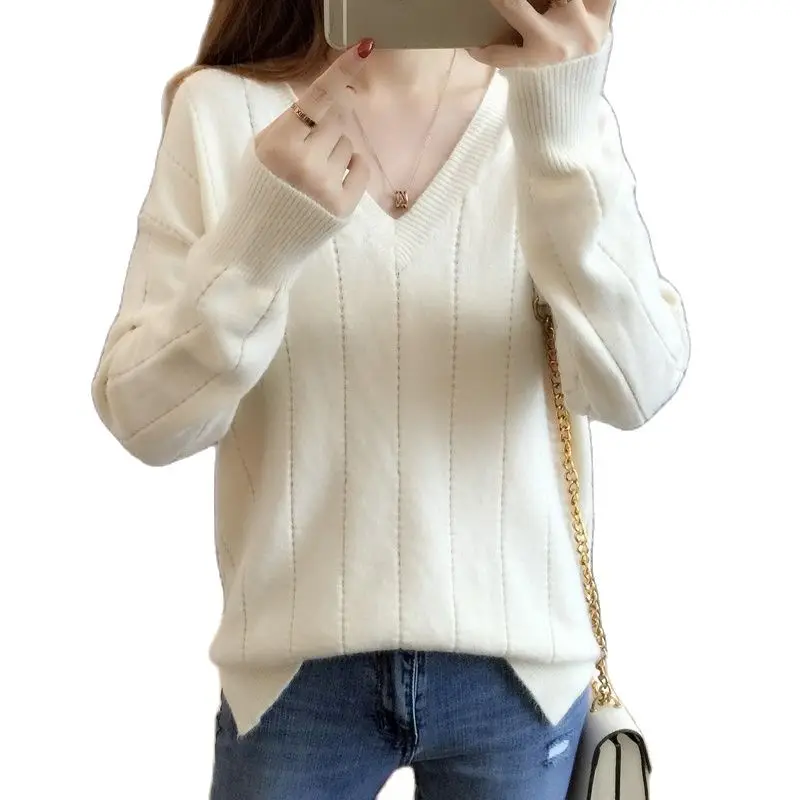 

Женский свитер 2020 новая Корейская версия дикого v-образным вырезом с длинным рукавом свитер сплошной цвет свободная тонкая женская рубашка