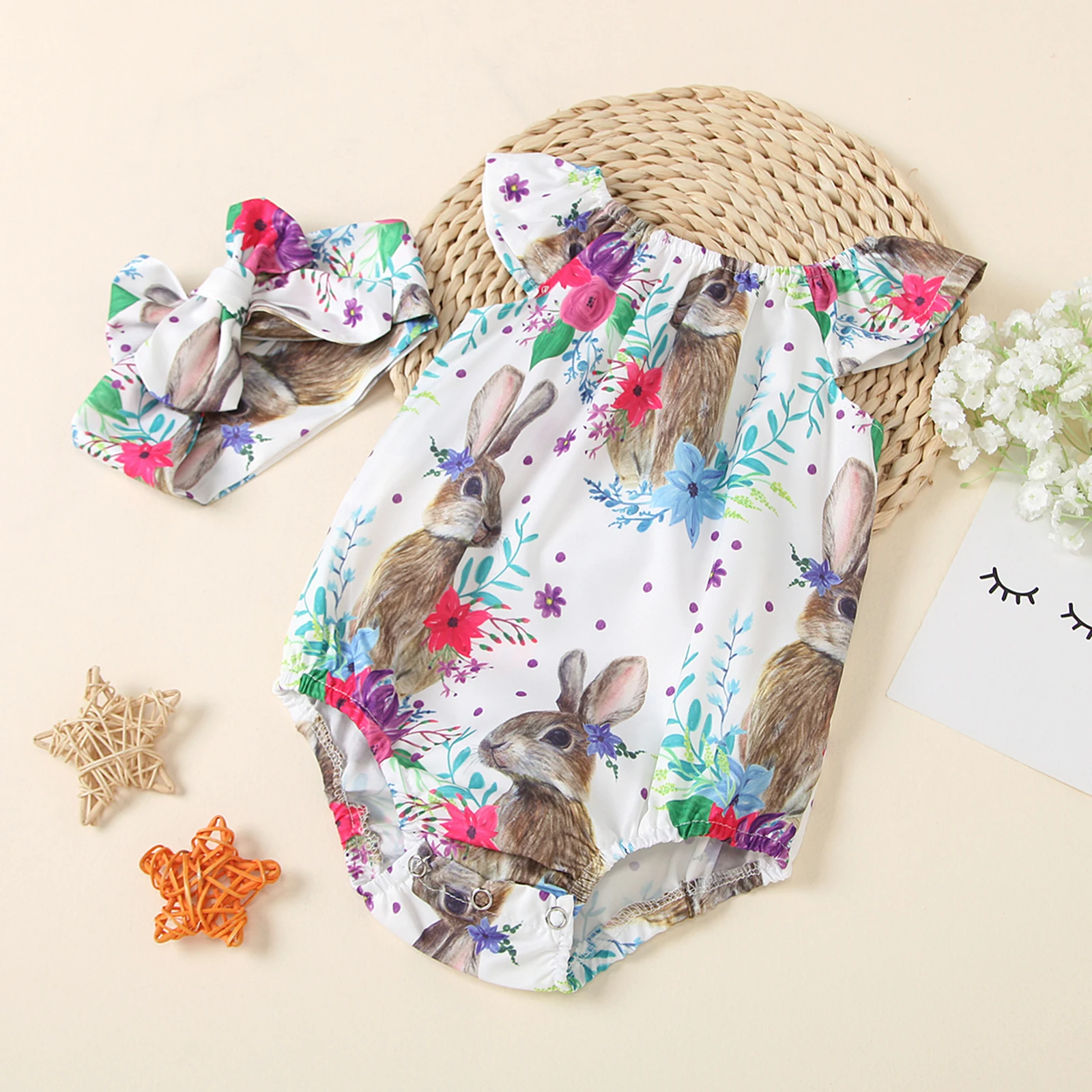 Baby Girls Flying Sleeve Round Collar Jumpsuit With Buttons + Headband Easter Rabbit Print Clothes Set Casual Wear Summer
Baby Girls Flying Sleeve Round Collar Jumpsuit With Buttons + Headband Easter Rabbit Print Clothes Set Casual Wear Summer