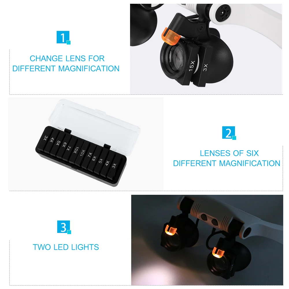 Headband Magnifier Eye Loupes Eyeglass Style Hands-Free Magnifying Glass Multiple Magnifications with Warm and Cool LED Lights
Headband Magnifier Eye Loupes Eyeglass Style Hands-Free Magnifying Glass Multiple Magnifications with Warm and Cool LED Lights
