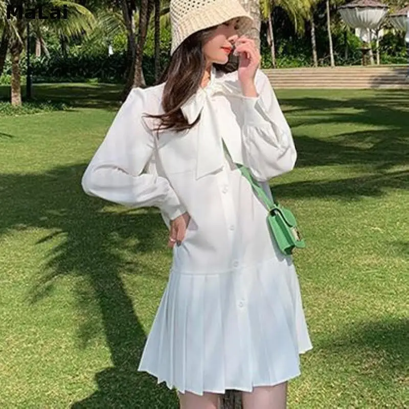 Pleated Shirt Dress Women Long Sleeve Solid Bow Office Lady Elegant White Mini Dress Korean Female 2021 Summer One Piece Dress
Pleated Shirt Dress Women Long Sleeve Solid Bow Office Lady Elegant White Mini Dress Korean Female 2021 Summer One Piece Dress