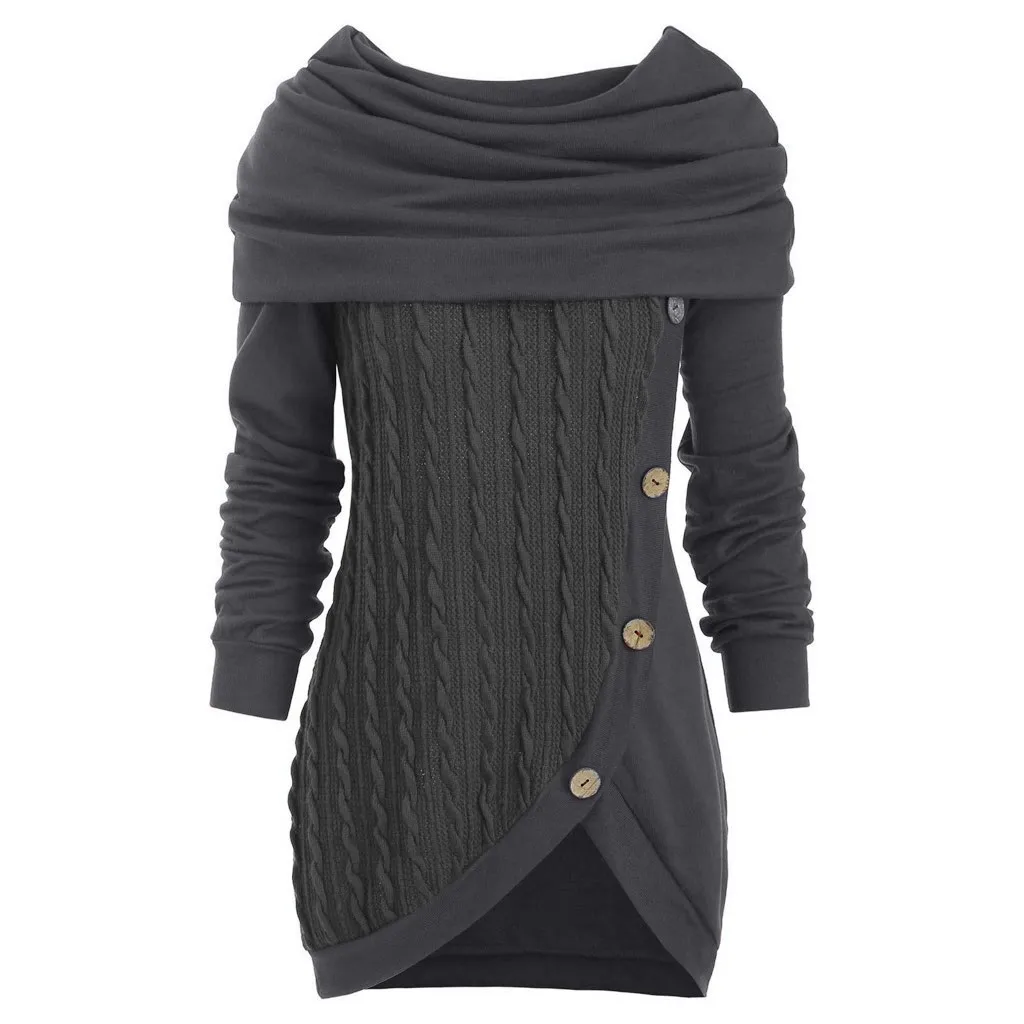 

Women Long Sleeve Hooded Cowl Neck Sweater Button Asymmetric Hem Pullover Tunic Top Solid Color Cable Knit Jumper Shirt