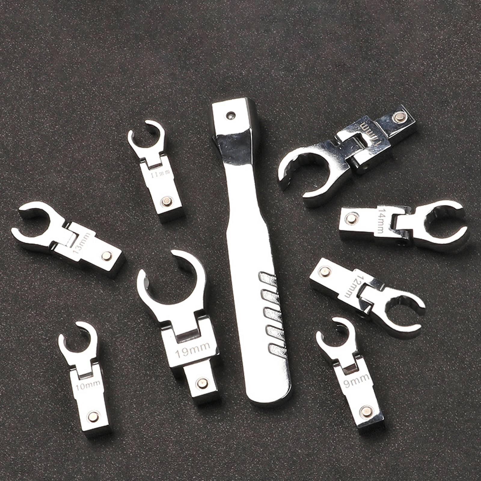 9pcs Interchangeable Ratchet wrench 9-19mm Flex Flare Nut Wrench 180° Rotating Hand Tools Removable
9pcs Interchangeable Ratchet wrench 9-19mm Flex Flare Nut Wrench 180° Rotating Hand Tools Removable