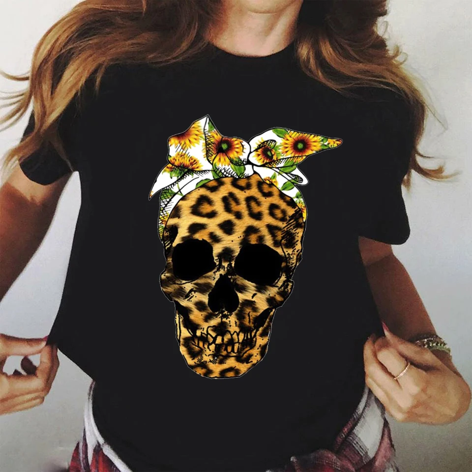 WVIOCE Fashion Leopard Skull Print Women T-shirt Summer Plus Size Black Female Soft Round Neck Harajuku Top Clothes H1 | Женская одежда